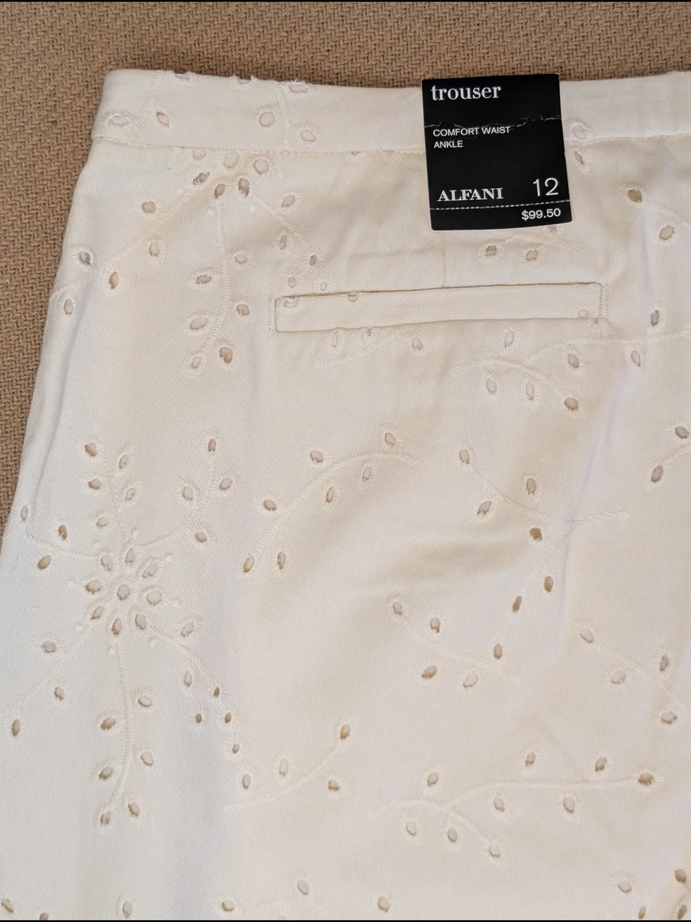 Alfani Cream Embroidered Eyelet Straight Leg Ankle Pants Cotton
